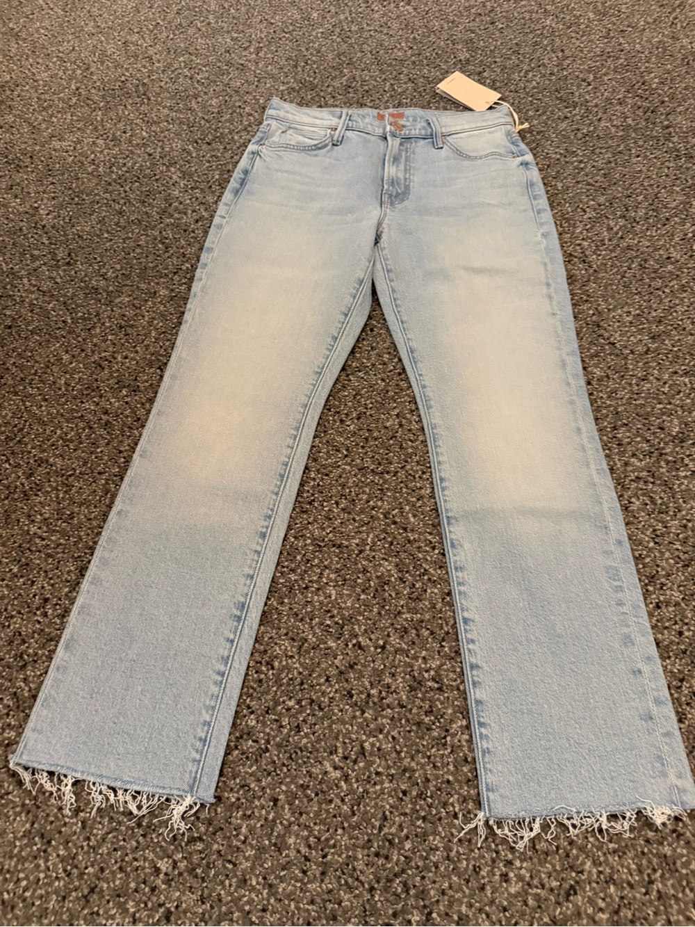 MOTHER Light Blue Cropped Straight Jeans with Frayed Hem